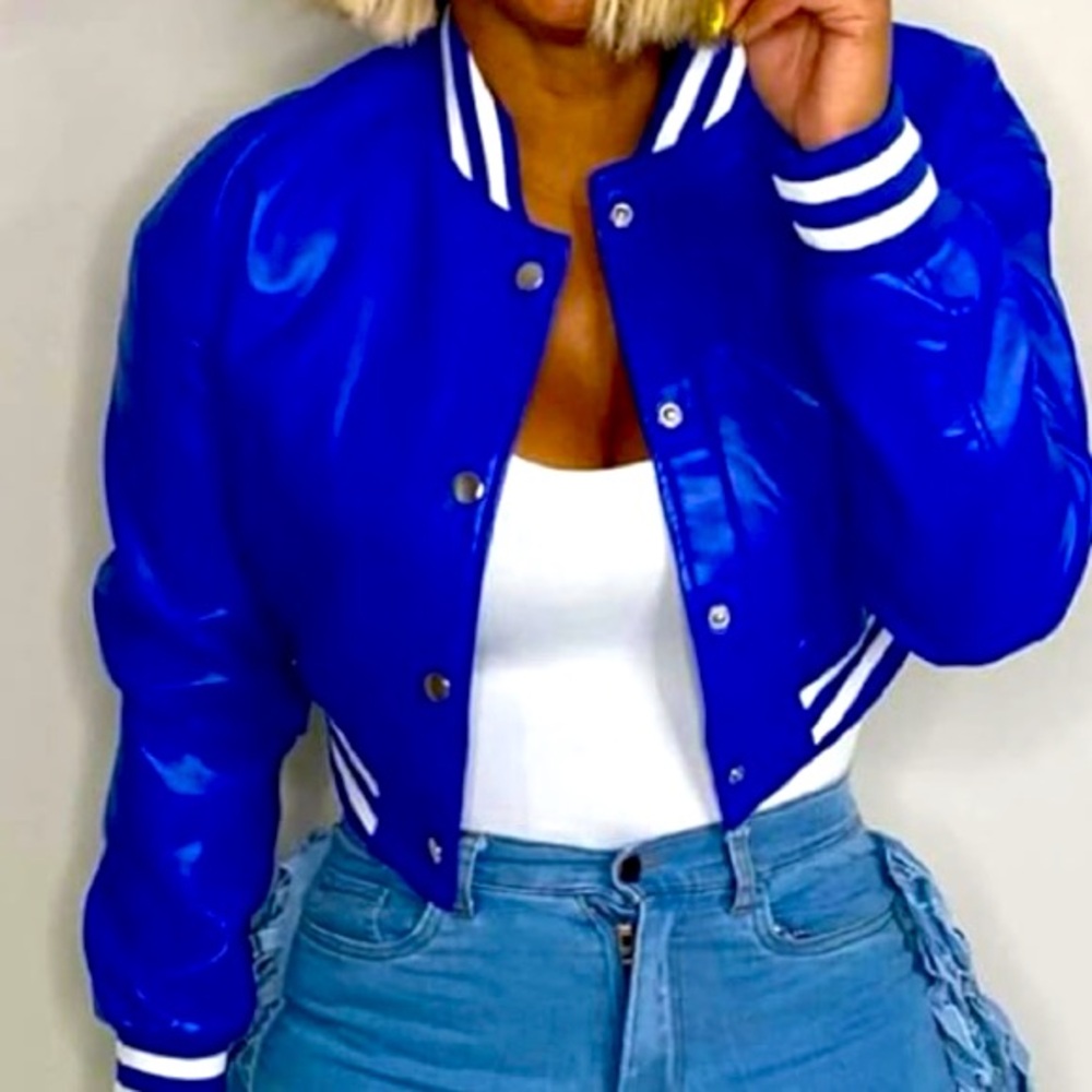 Cropped faux leather jersey jacket